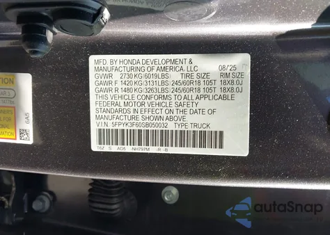 2025 Honda Ridgeline Trailsport from USA, damaged, VIN 5FPYK3F60SB050032